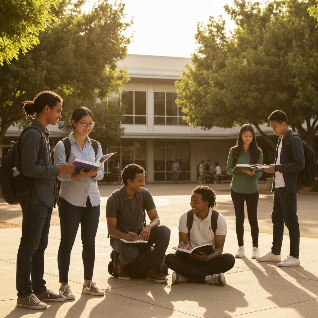 Private School students socializing and studying in the campus courtyard